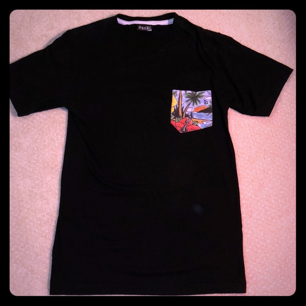 Black Volcom t-shirt with beach themed pocket